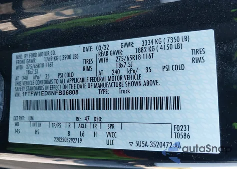 2022 Ford F-150 Lariat from USA, damaged, VIN 1FTFW1ED8NFB06808